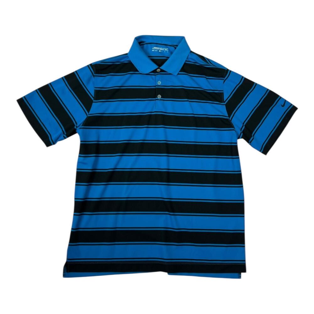 Nike Golf Polo Shirt Mens XL Blue Striped Dri-FIT Performance Swoosh Logo